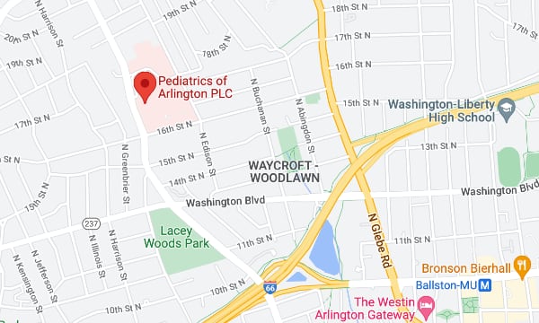 Map of the Arlington area, showing Pediatrics of Arlington. Click to get directions from Google Maps.